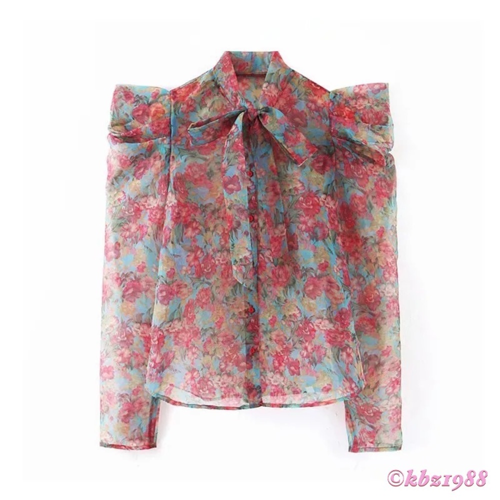 🎊🎉 Host Pick! 🎊🎉 Zara Puff Sleeve Bow Tie Neck Floral Organza Blouse NWT - Picture 5 of 10